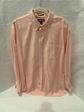 Lands' End Men's Peach and White Striped Button-Down Shirt